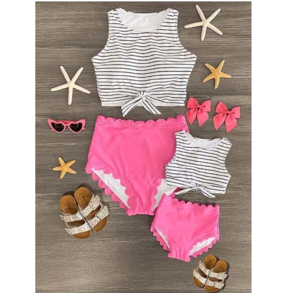 Mommy and Me Matching Striped and Pink Swimsuit Set